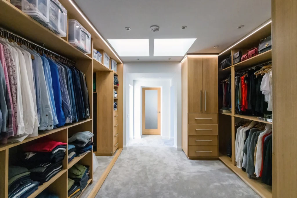 Garden Room Office in Ayrshire: Comfortable All Year Round 2 Fitted oak shelving, hanging rails and drawers lit by a roof light in a walk-in dressing room by RHA Construction